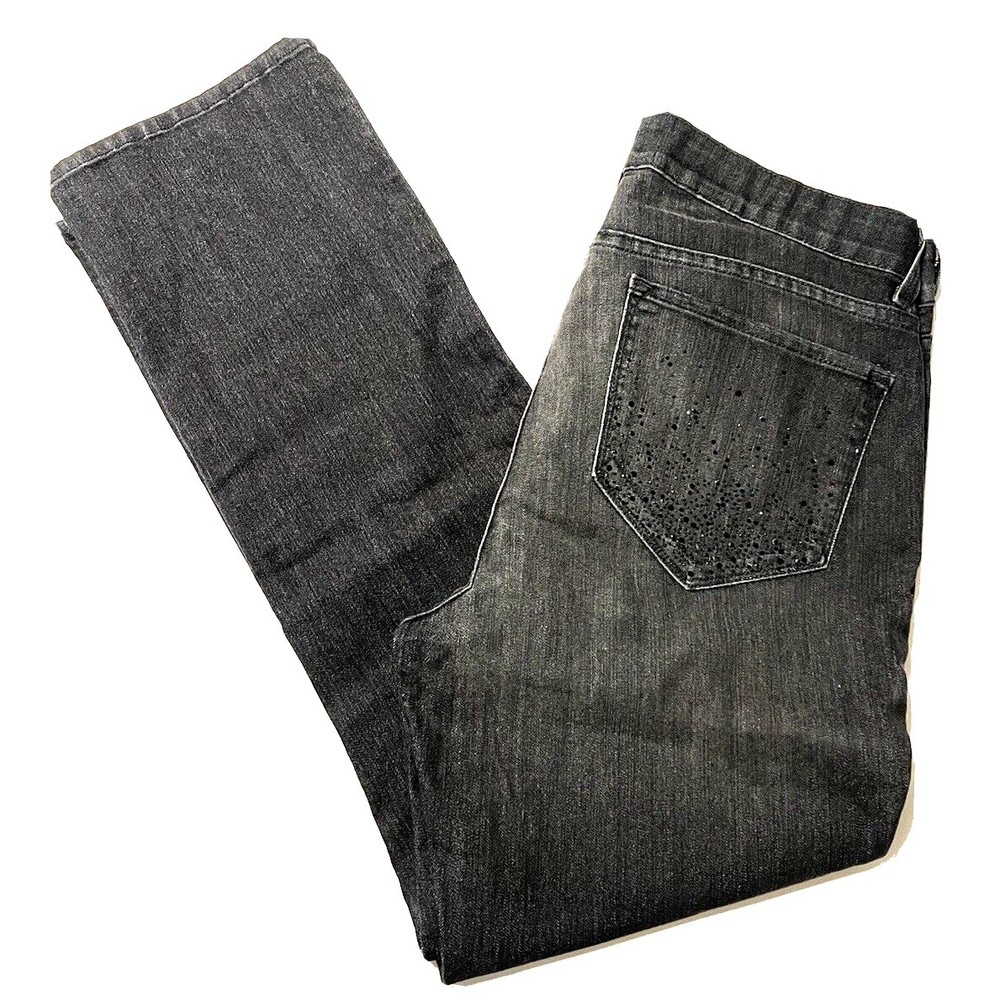 NYDJ Women's Black Stretch Jeans Embellished Pockets Straight Leg 14P